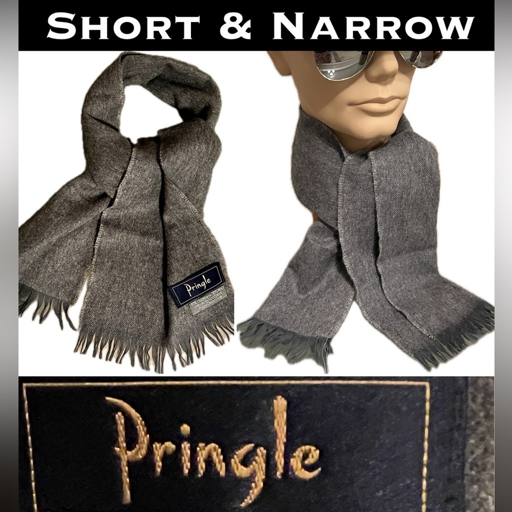 🐑Cashmere & Wool Charcoal Fringed Vintage Short & Narrow Scarf Pringle Scotland